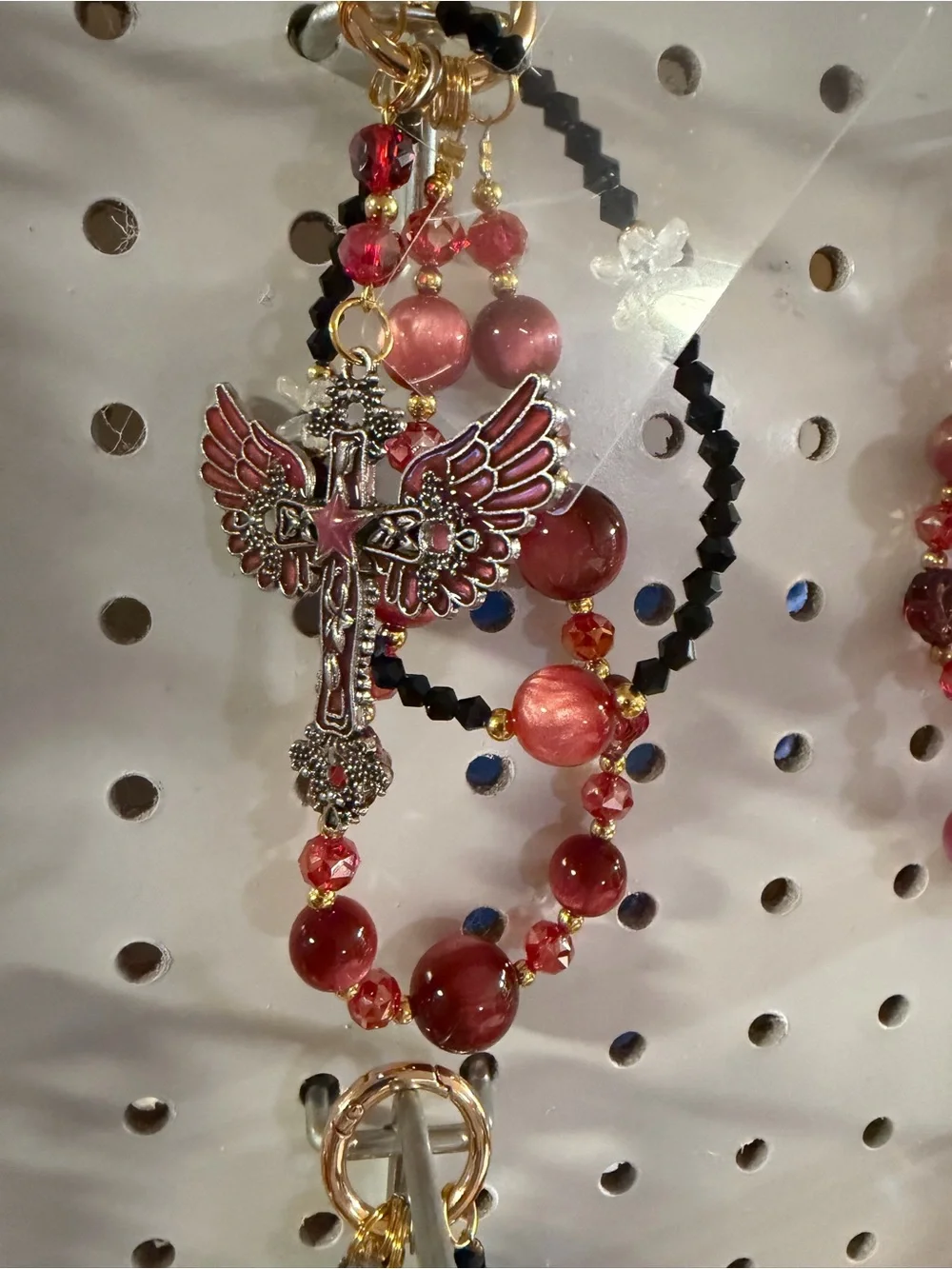 Hand Crafted Red and Black Beaded Angel Wing Cross Phone Charm Case Accessory